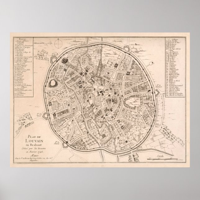 Póster Mapa de época de Lovaina Bélgica (1746) (Frente)