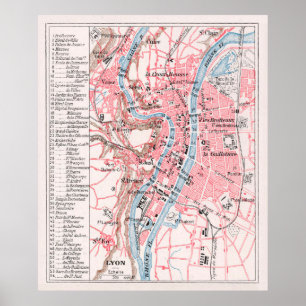 Póster Mapa de época de Lyon Francia (1900)