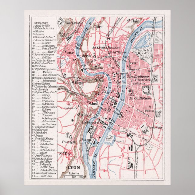 Póster Mapa de época de Lyon Francia (1900) (Frente)