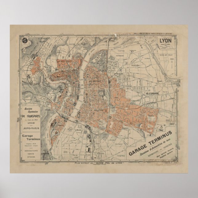 Póster Mapa de época de Lyon Francia (1910) (Frente)