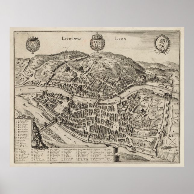 Póster Mapa de época de Lyon Francia (años 1600) (Frente)