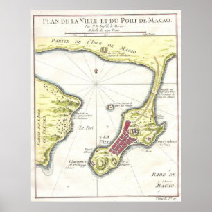 Póster Mapa de época de Macao China (1750)