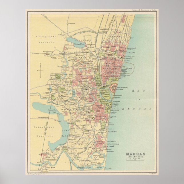 Póster Mapa de época de Madras India (1909) (Frente)