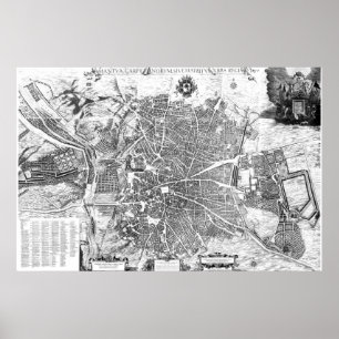 Póster Mapa de época de Madrid España (1656) BW