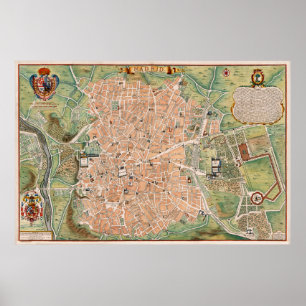 Póster Mapa de época de Madrid España (1705)