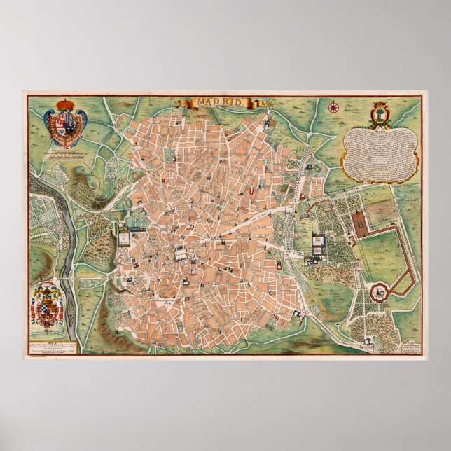 Póster Mapa de época de Madrid España (1705) (Frente)