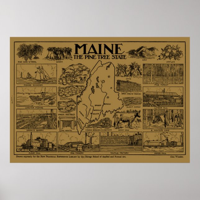 Póster Mapa de época de Maine (1912) - Tan (Frente)