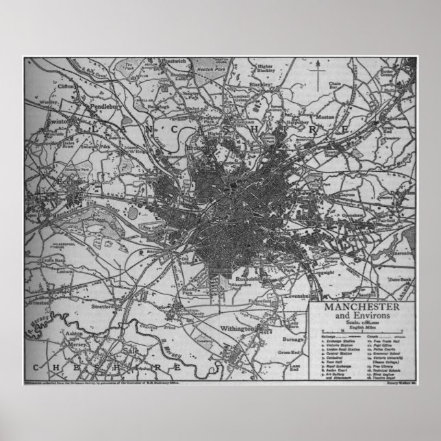 Póster Mapa de época de Manchester England (1911) (Frente)