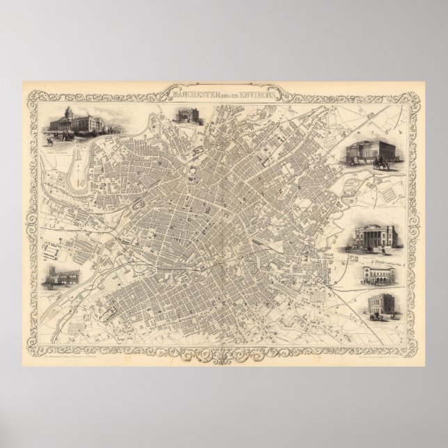 Póster Mapa de época de Manchester Inglaterra (1851) (Frente)