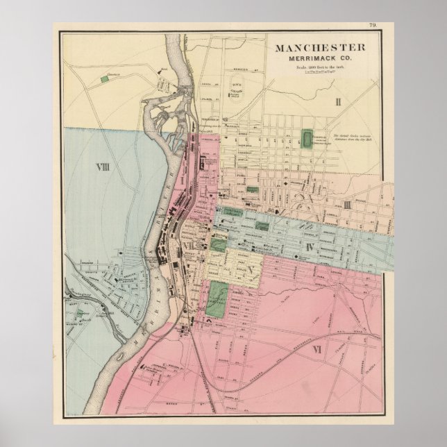 Póster Mapa de época de Manchester New Hampshire (1877) (Frente)