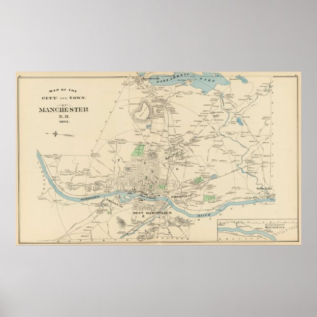 Póster Mapa de época de Manchester NH (1892) (Frente)