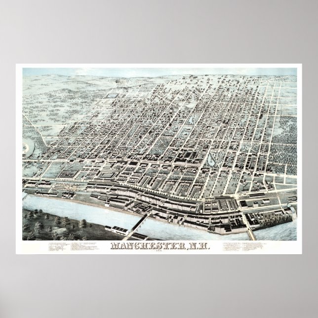 Póster Mapa de época de Manchester, NH de 1876 (Frente)