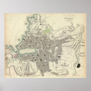 Póster Mapa de época de Marsella Francia (1840)