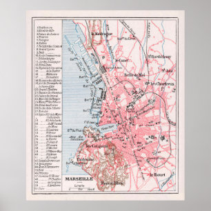 Póster Mapa de época de Marsella Francia (1900)