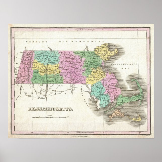 Póster Mapa de época de Massachusetts (1827) (Frente)