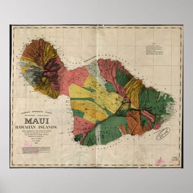 Póster Mapa de época de Maui Hawaii (1885) (Frente)