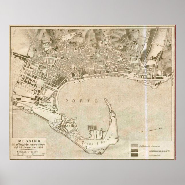 Póster Mapa de época de Messina Italia (1900) (Frente)