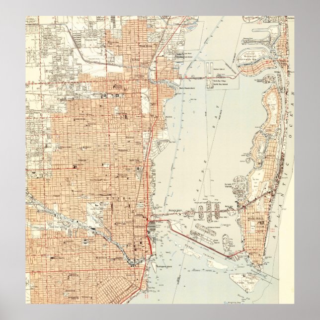 Póster Mapa de época de Miami Florida (1950) (Frente)