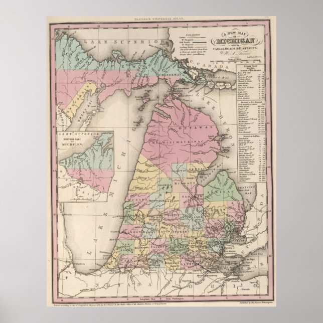 Póster Mapa de época de Michigan (1836) (Frente)
