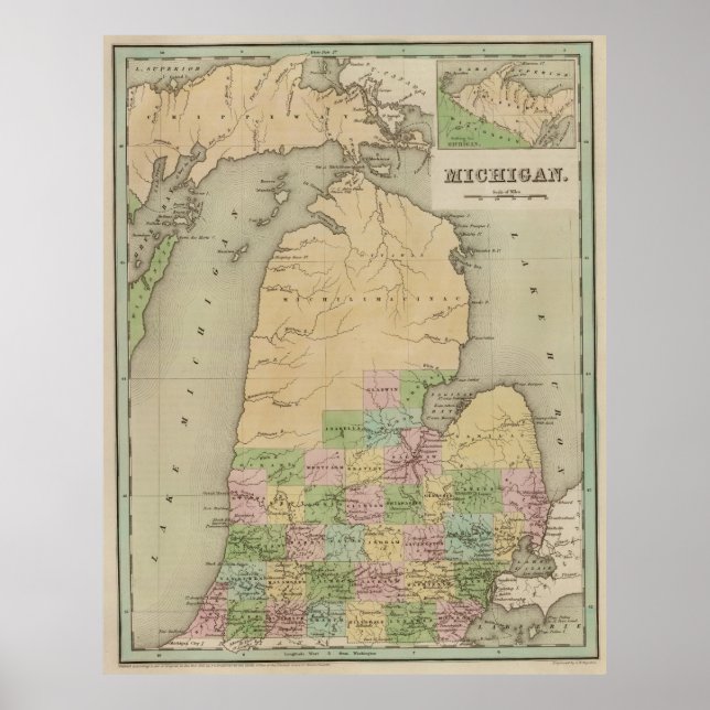 Póster Mapa de época de Michigan (1838) (Frente)