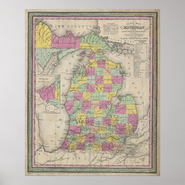 Póster Mapa de época de Michigan (1853) (Frente)