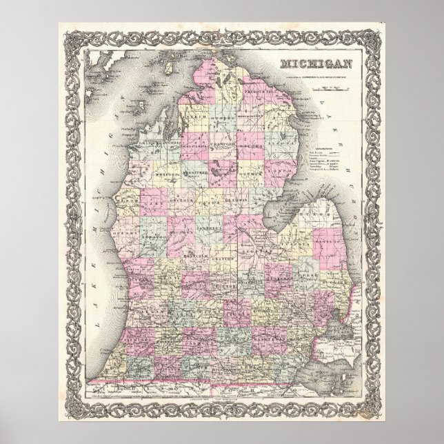 Póster Mapa de época de Michigan (1855) (Frente)