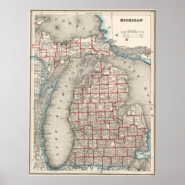 Póster Mapa de época de Michigan (1893) (Frente)