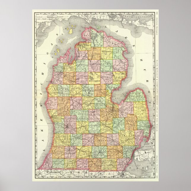 Póster Mapa de época de Michigan (1897) (Frente)