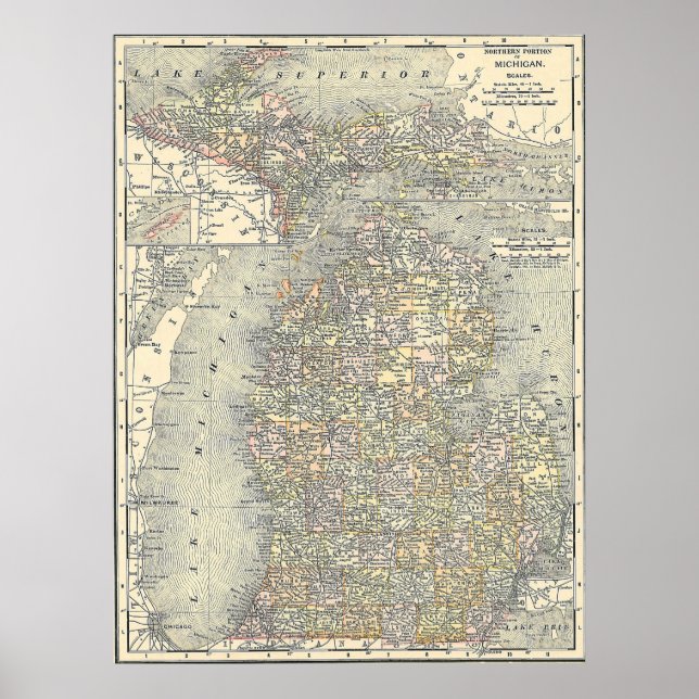 Póster Mapa de época de Michigan (1901) (Frente)