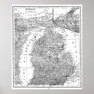 Póster Mapa de época de Michigan (1909) BW