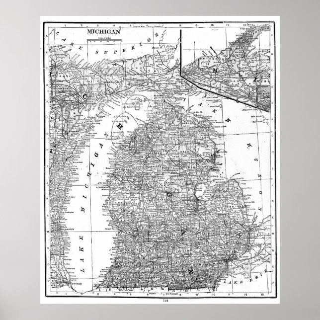 Póster Mapa de época de Michigan (1909) BW (Frente)