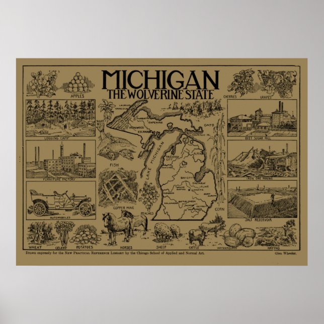 Póster Mapa de época de Michigan (1912) - Tan (Frente)