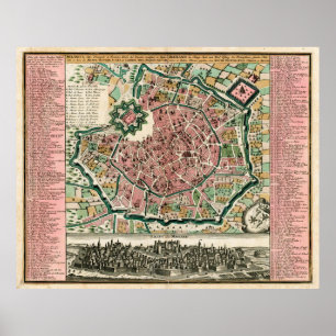 Póster Mapa de época de Milán Italia (1730)