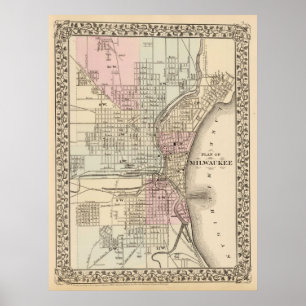 Póster Mapa de época de Milwaukee (1880)