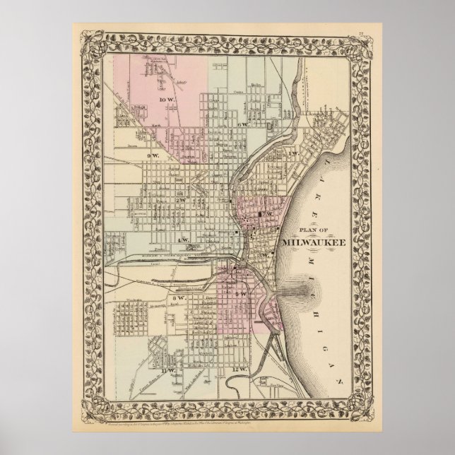 Póster Mapa de época de Milwaukee (1880) (Frente)