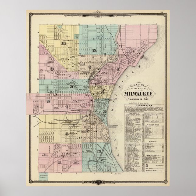 Póster Mapa de época de Milwaukee Wisconsin (1878) (Frente)