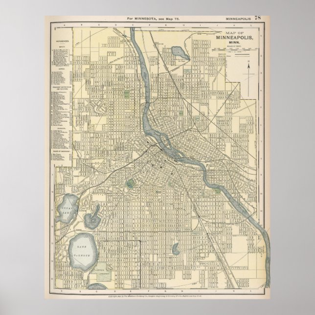 Póster Mapa de época de Minneapolis MN (1891) (Frente)