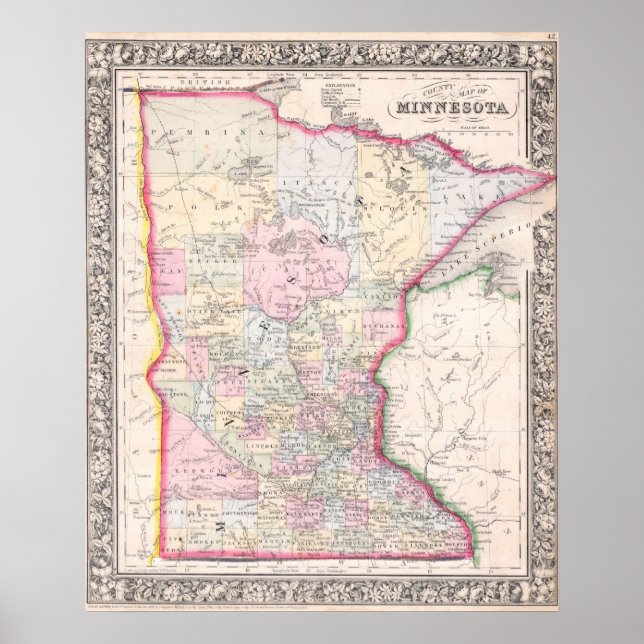 Póster Mapa de época de Minnesota (1864) (Frente)