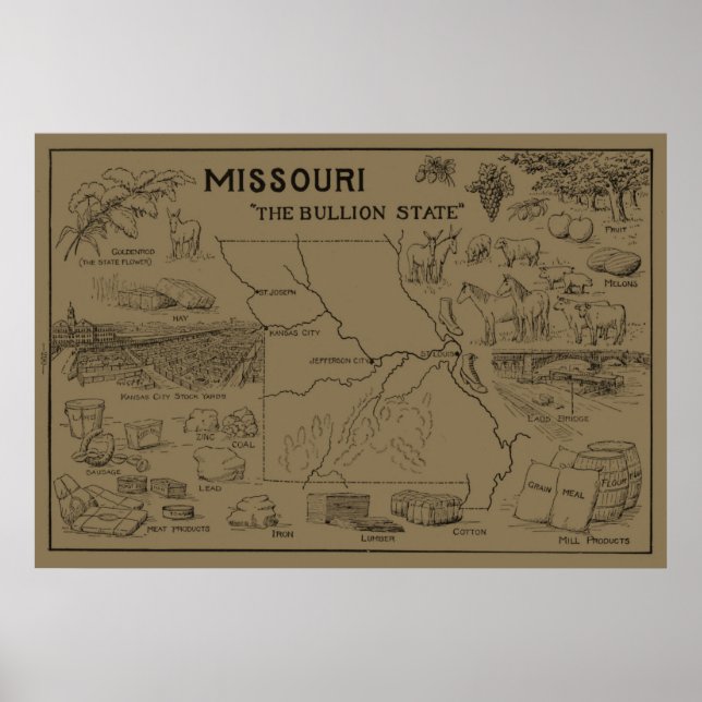 Póster Mapa de época de Missouri (1912) - Tan (Frente)