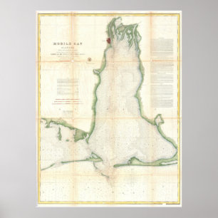 Póster Mapa de época de Mobile Bay Alabama (1856)