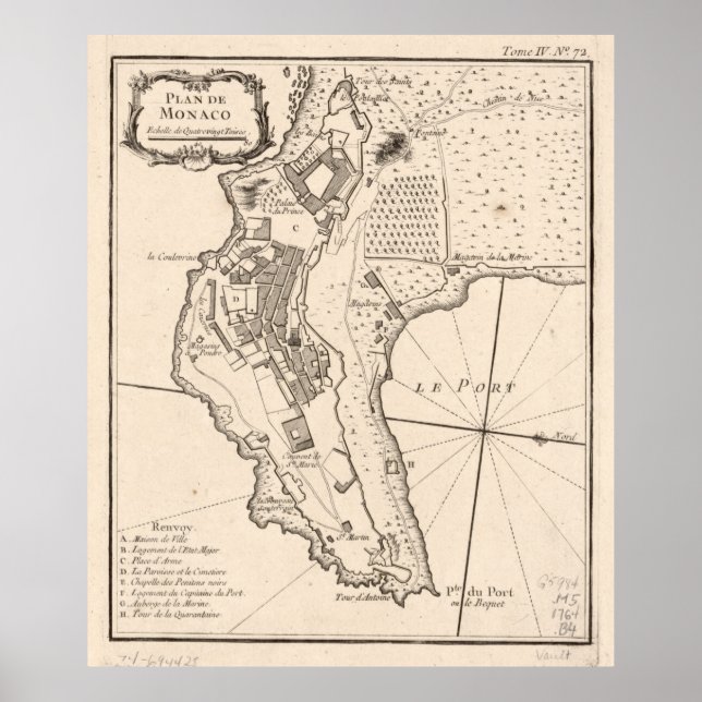 Póster Mapa de época de Mónaco Francia (1764) (Frente)