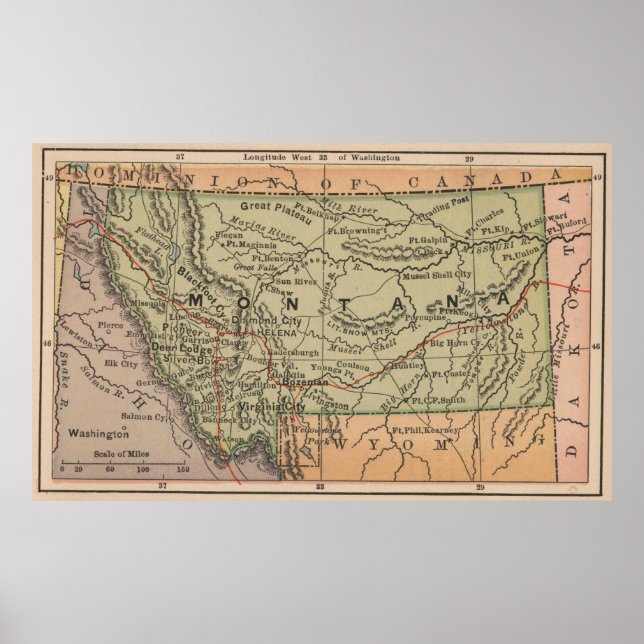 Póster Mapa de época de Montana (1885) (Frente)