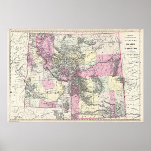 Póster Mapa de época de Montana, Wyoming e Idaho (1884)