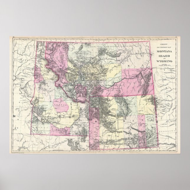 Póster Mapa de época de Montana, Wyoming e Idaho (1884) (Frente)