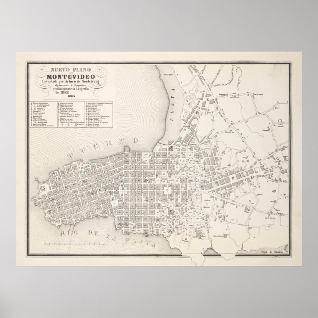 Póster Mapa de época de Montevideo Uruguay (1865) (Frente)