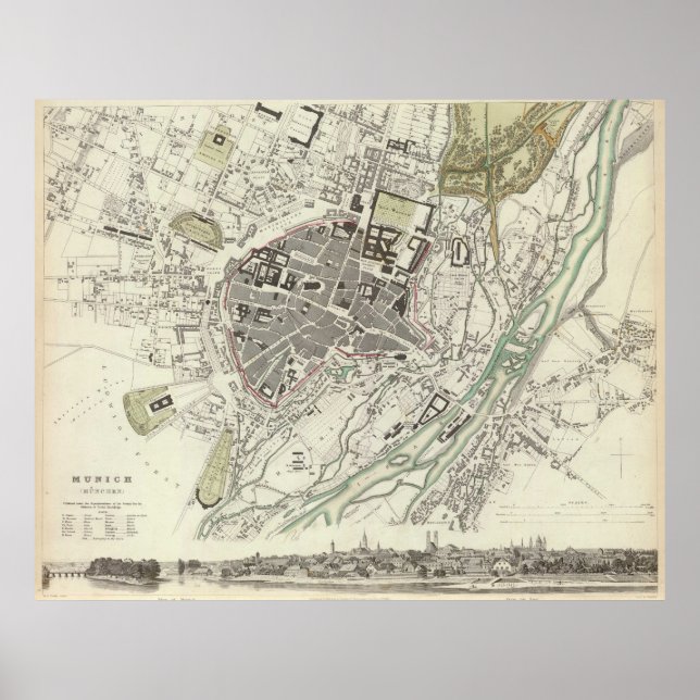 Póster Mapa de época de Múnich Alemania (1832) (Frente)