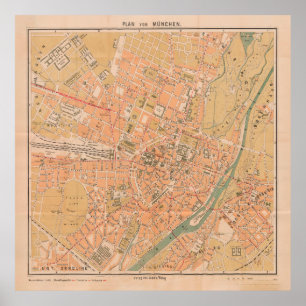 Póster Mapa de época de Múnich Alemania (1890)
