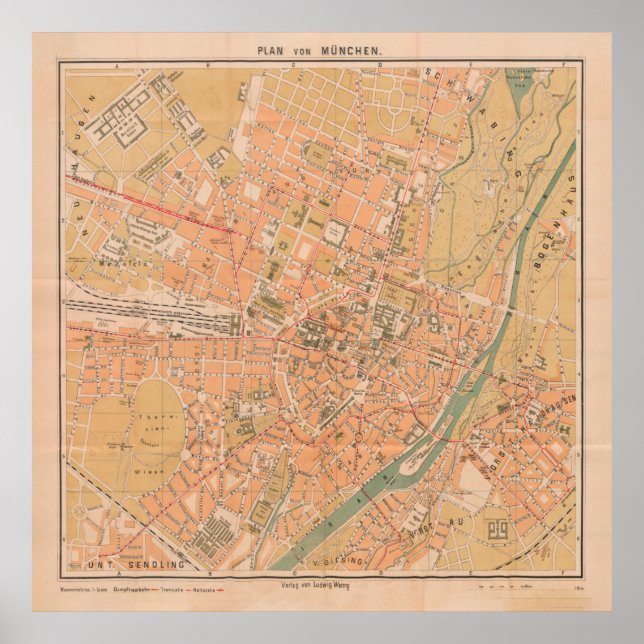 Póster Mapa de época de Múnich Alemania (1890) (Frente)