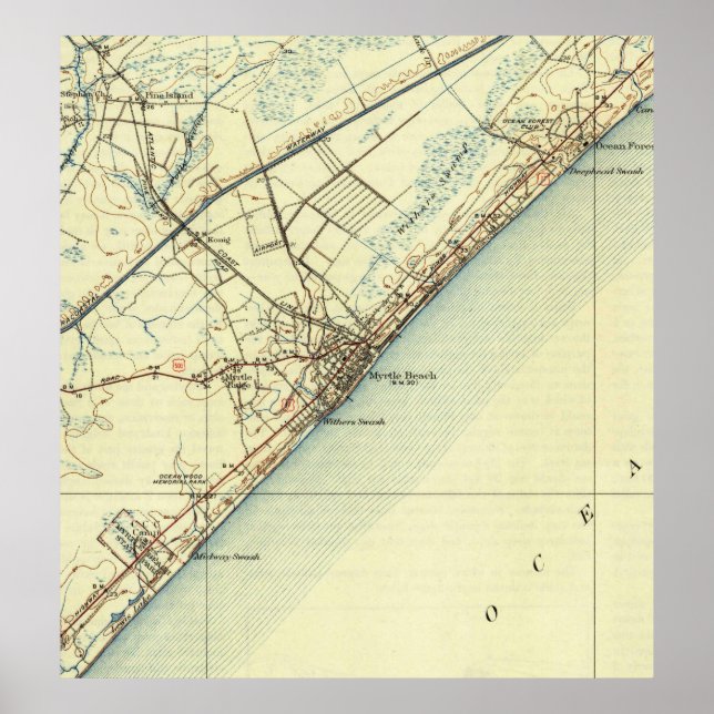 Póster Mapa de época de Myrtle Beach South Carolina (1940 (Frente)