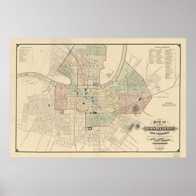 Póster Mapa de época de Nashville Tennessee (1877) (Frente)